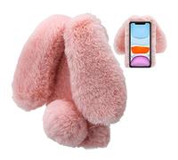 LCHDA Cover per iPhone 12 Mini 5,4 Pollici, Carino Orecchie da Coniglio 3D Morbide Palle di Pelo Pelose Pelliccia Sintetica Peluche Soffice Flessibile TPU Paraurti Custodia Protettiva - Rosa