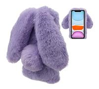 LCHDA Cover per iPhone 12 Mini 5,4 Pollici, Carino Orecchie da Coniglio 3D Morbide Palle di Pelo Pelose Pelliccia Sintetica Peluche Soffice Flessibile TPU Paraurti Custodia Protettiva - Viola