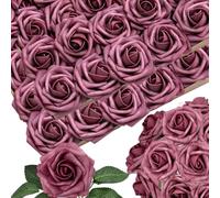 LCiclly 50 rose finte in schiuma, con steli, 12 foglie, dall'aspetto realistico, per bouquet da sposa, centrotavola, composizioni per feste, decorazioni fai da te (50, rosa polvere)
