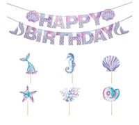 LCIEFKAE 1 Banner di Compleanno E 6 Inserti per La Carta per Torte, Decorazioni Divertenti Creative, Decorazioni con Argomenti Marini, Disposizione delle Scene per Feste.