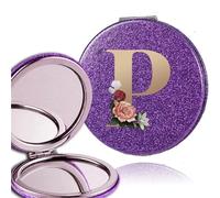 LCKKJHG Mini Specchio Per Trucco 2pcs Compact 2 Sided PU Mirror Folding Flash Makeup Portable Cosmetic Pocket Magnifying Gold Letter Pattern per Viaggiare(Purple-P)