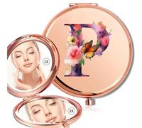LCKKJHG Mini Specchio Per Trucco Women Makeup Mirror Double Sided Round Metal Look Glass Folding Pocket Butterfly Letter Pattern per Viaggiare(Gold-P)