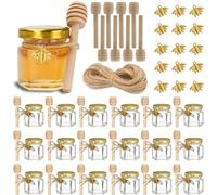 LCKKJHG Vasetti Marmellata Mini bicchiere esagonale da 1,5 once con mestolo in legno, coperchio dorato, ciondoli a forma di ape, juta - for matrimonio(24Pcs Set)