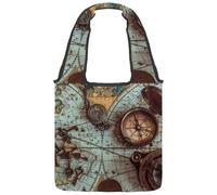 lcndlsoe Borsa tote in tela, stile retrò, motivo: bussola pirata, mappa del mondo, scheletro, chiave, bottiglia, immagine, borsa a tracolla da donna, per lavoro, shopping, palestra, Multicolore 1