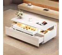 Lcoho 90 x 45 x 35,5 cm, tavolino da caffè con vassoio, lucido per soggiorno, divano con 2 cassetti, tavolino in vetro temperato, tavolino da caffè con luce LED, bianco