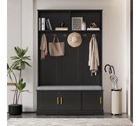 Lcoho Appendiabiti con panca per scarpe, 6 ganci tripli, autoportante, salvaspazio, per ingresso, corridoio, nero, 120 x 40 x 191 cm
