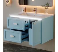 Lcoho Armadietto da bagno, 76 x 46 x 51 cm, completamente laccato, illuminazione a LED, due cassetti, guide scorrevoli, lavabo integrato, blu