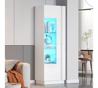 Lcoho Armadio 60 x 40 x 180 cm, vetrina in acrilico, lucido, con illuminazione a LED, 3 ripiani in vetro, alta, armadietto alto per divano, bianco