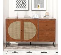 Lcoho Credenza con 2 ante decorate in rattan e 2 cassetti, armadietto da cucina, multiuso, con maniglie in metallo, per camera da letto, soggiorno, ufficio