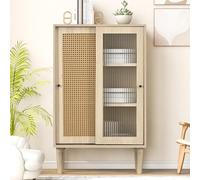 Lcoho Credenza in legno alta 100 cm con ante a doghe in plastica e ante scorrevoli in vetro, con 6 scomparti dietro le ante (accenti moderni)