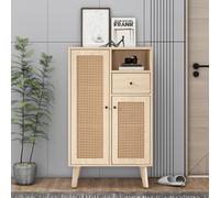 Lcoho Credenza in legno alta 100 cm con ante a doghe in plastica e ante scorrevoli in vetro, con 6 scomparti dietro le porte.