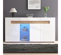 Lcoho Credenza moderna a 3 porte, controllo luce LED, armadio soggiorno con controllo app, mobili lucidi, 140 x 40 x 70 cm, bianco con fondo in vetro, armadio