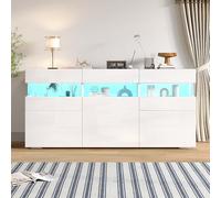 Lcoho Credenza per soggiorno, 140 x 40,5 x 66,5 cm, con 3 ante, lucido, con striscia luminosa a LED, alloggiamento in acrilico trasparente, armadio con 7 scomparti, larghezza 140 cm, bianco