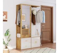 Lcoho Elegante set appendiabiti in bianco e legno grezzo con specchio, scarpiera, scarpiera con ganci e ganci estensibili, semplice appendiabiti da ingresso (bianco + legno grezzo)