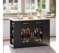 Lcoho Isola da cucina portatile da 120 cm con tavolo da pranzo pieghevole, ripiano aperto, porta AC, porta USB, porta in vetro, laminato regolabile, ruote con freni per cucina, sala da pranzo