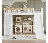 Lcoho Lettino a castello, culla, con scivolo per bambini, armadio e armadietto sotto il letto, recinzione a quattro lati con squisiti motivi di pino + MDF + compensato, bianco e naturale, 90 x 200 cm