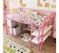 Lcoho Lettino a soppalco in metallo con vano portaoggetti, letto con ampia scala, angoli arrotondati, cassetti e mensole per l'organizzazione salvaspazio nella cameretta dei bambini (rosa, 90x200)