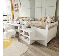 Lcoho Lettino per bambini 90 × 200 cm, con vano portaoggetti, scrivania con prese secondo la norma europea, letto singolo in legno, bianco