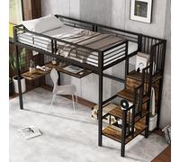 Lcoho Letto a castello, letto a castello, letto a soppalco, adatto per bambini e adolescenti, con tavolo e armadio, scala laterale con corrimano, ferro+truciolato, nero+colore legno scuro (90 x 200 cm