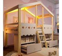 Lcoho Letto a mezza altezza, 90 x 200 cm, a forma di casa, letto a soppalco, 2 cassetti, striscia luminosa a LED, bianco e naturale