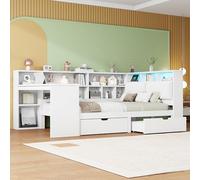 Lcoho Letto a piattaforma in legno a forma di L, 140 x 200 cm, con scrivania e libreria, capitano ad angolo con testiera imbottita, cassetti sotto il letto, luce LED - bianco