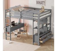 Lcoho Letto a soppalco, 140 x 200 cm Letto a soppalco per bambini con cassetti contenitori e scrivania sotto il letto, senza materasso, grigio