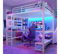 Lcoho Letto a soppalco, 140 x 200 cm, telaio in ferro, scrivania, ringhiera, scaletta, più ripiani, con presa USB + Type-c, con striscia LED, con bordo forato, senza materasso, bianco