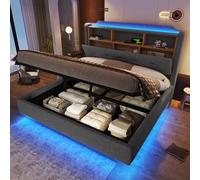 Lcoho Letto imbottito 140 × 200 cm, con striscia luminosa a LED, vano portaoggetti idraulico, design galleggiante, materasso non incluso, connettori USB e tipo C, tessuto di lino (grigio)