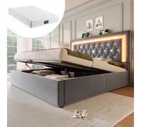 Lcoho Letto imbottito 160 x 200 cm, in velluto, letto matrimoniale con nastro diamantato a LED nella testiera, stazione di ricarica USB e tipo C, cassetta idraulica, letto per ragazzi con spazio e