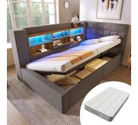 Lcoho Letto imbottito 90 x 200 cm, letto singolo con illuminazione a LED, spazio idraulico, testiera a L con vano portaoggetti, montato su entrambi i lati, rete a doghe, tessuto di lino, grigio (con