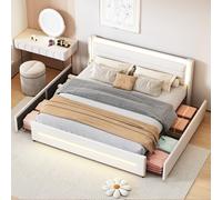 Lcoho Letto imbottito, con illuminazione a LED che cambia colore, con quattro ripiani, tessuto di lino, doppio piano con rete a doghe, (materasso non incluso) (beige, 180 x 200 cm)