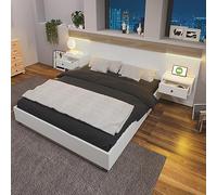 Lcoho Letto matrimoniale con 2 comodini a LED e presa USB C, 140 x 200 cm, letto in legno con 2 comodini, camera da letto, completo, 205 x 244 x 90,5 cm (lunghezza x larghezza x altezza), set in