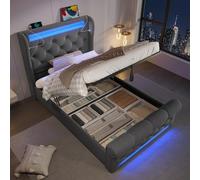 Lcoho Moderno letto imbottito singolo 90 x 200 cm, letto imbottito con luci a LED, testiera con porte USB e di tipo C, letto di stoccaggio idraulico, grigio, velluto (senza materasso)