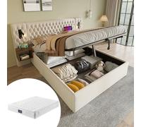 Lcoho Set completo per camera da letto, letto imbottito, letto matrimoniale, 160 x 200 cm, con 2 comodini, testiera con funzione di ricarica USB, beige, velluto (con materasso)