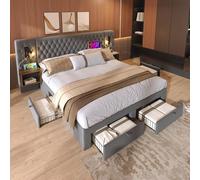 Lcoho Set completo per camera da letto, letto matrimoniale, 160 x 200 cm, con 2 comodini e 4 cassetti, testiera con funzione di ricarica USB, colore grigio, velluto (senza materasso)