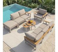 Lcoho Set di sedie modulari per esterni con piedini regolabili, base in metallo resistente, cuscini spessi 9 cm e set da 2 tavoli in legno, combinazione libera per terrazza, balcone, piscina, grigio