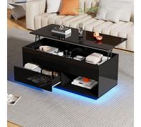 Lcoho Tavolino da tè a LED, lucido, 100 x 50 x 55 cm, con illuminazione a LED, sollevamento idraulico e spazio su più livelli, nero