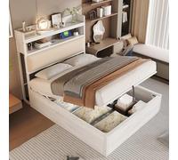 Lcoho Telaio letto con meccanismo di sollevamento idraulico, USB, testiera imbottita, design retrò in legno e metallo, strato di stoccaggio nascosto, letto singolo, moderna camera da letto (bianco, 90