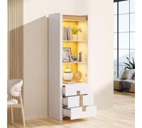 Lcoho Vetrina bianca da 200 cm con illuminazione a LED, libreria con 3 cassetti con 3 scomparti, armadio per soggiorno, cucina, sala da pranzo, armadietti con divisorio regolabile, 63 x 41,5 x 200 cm