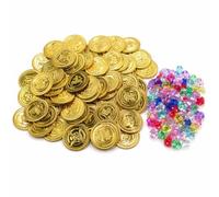 LCOLYDM 200 tesori dei pirati con 100 monete d'oro in plastica e 100 gemme finte, riempitivo per scrigni del tesoro, riempitivi per sacchetti per feste pirata, piccoli kit di caccia, gettoni dorati
