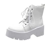 LCpddajlspig Anfibi Donna Platform Stivaletti in Pelle con Lacci Termica Boots Punta Rotonda Tinta Unita Stivali Biker Morbidi per Autunno Invernali Bianco 39