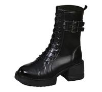 LCpddajlspig Anfibi Donna Platform Stivaletti in Pelle Punta Rotonda Boots Termica Morbidi Stivali Biker con Lacci Tinta Unita per Autunno Invernali Nere 41