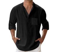 LCpddajlspig Camicia Uomo Nera, Camicia Lino Uomo, Camicie Manica Lunga Camicie Sportiva Slim Fit Elegante Shirt Estive Tinta Unita Casual Collo Coreana Spiaggi Shirts con Taschino Nere XXL