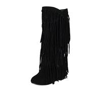 LCpddajlspig Stivali Texani Donna A Punta Camperos Alzatacco Interno Stivaletto Cowboy con A Blocco Boots in Pelle Scamosciata con Franges Stivaletti Tinta Unita Vintage Nere 39