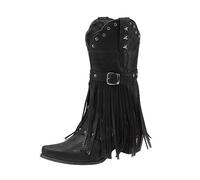 LCpddajlspig Stivali Texani Donna con Franges Camperos A Punta Stivaletto Cowboy in Pelle Scamosciata Boots Vintage con A Blocco Stivaletti Fibbia Borchie Nere 42