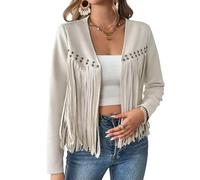 Ldabrye 1 Cardigan da donna a maniche lunghe con frange e apertura frontale aperta sul davanti, cardigan maglione per le donne, Albicocca, L