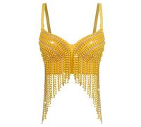 Ldabrye 1. Serbatoi delle donne della cima del partito di sera del poliestere leggero della canottiera di perline con strass, Giallo, L