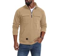 Ldabrye Felpa da uomo in pile con zip a un quarto, a maniche lunghe, pullover caldo, casual, atletica, vestibilità larga, felpe da uomo, cachi, XL