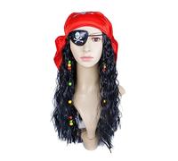 Ldabrye Parrucca Nera Riccia Per Costume Cosplay Da Pirata Con Sciarpa Benda Sull'occhio Set Per Uomo E Donna Accessori Per Costume Halloween Parrucca Nera Riccia Lunga Con Sciarpa Benda Sull'occhio