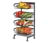 Ldafava Carrello da cucina a 4 livelli su ruote metallo regolabile in metallo grande carrello per la dispensa con cesto con tavolo in legno e cestini a maglie per il bagno da cucina (4 cestini)